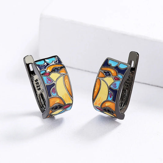 Enamel & Silver Plated Blue Spinel Bird Earrings