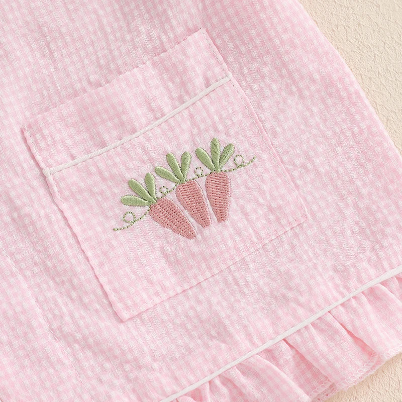 Girl's 2-Piece Plaid Embroidered Easter Bunny & Carrots Ruffled Pajamas