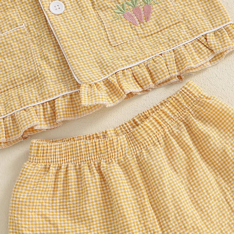 Girl's 2-Piece Plaid Embroidered Easter Bunny & Carrots Ruffled Pajamas