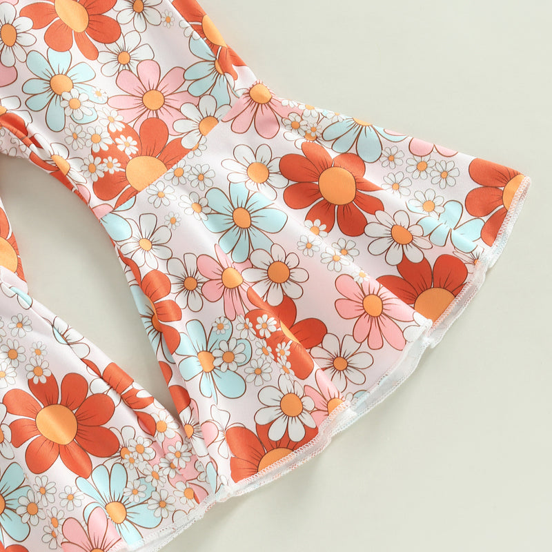 Girl's Floral "Groovie One" Onesie, Flared Pants & Bow Headband Sets