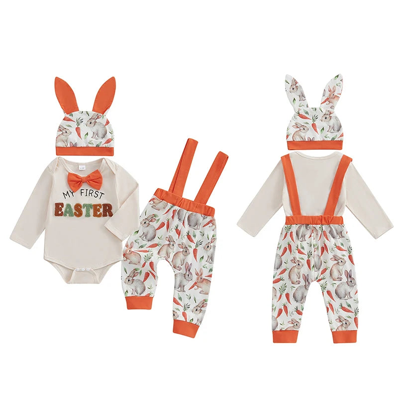 Boy's Embroidered "My First Easter" Bunny Bowtie Onesies, Suspender Pants & Hat Sets