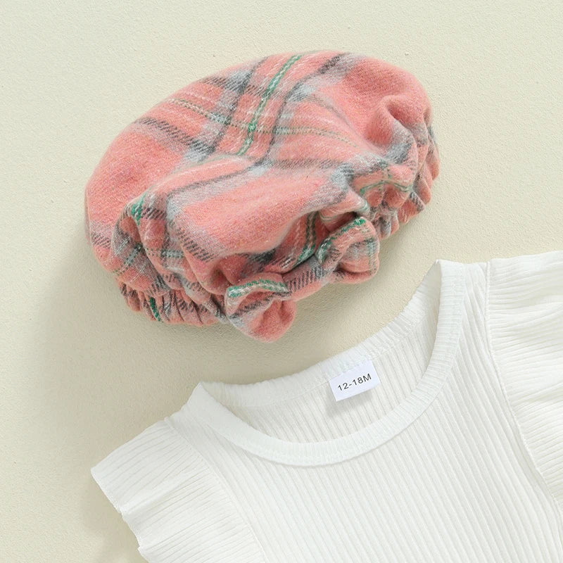 Girl's Ruffled Top, Plaid Skirt & Plaid Hat Sets