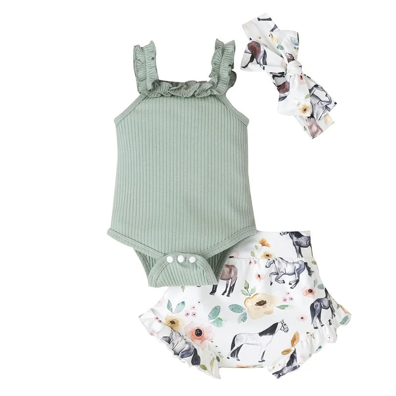 Girl's 3-Piece Sleeveless Horse, Cow, Floral, Western Rompers, Bloomers & Bow Headband Sets