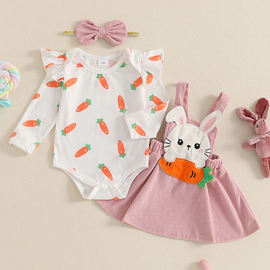 Girl's Easter Skirt Carrot Bunny Romper Carrot Embroidered Suspender Skirt & Headband Set