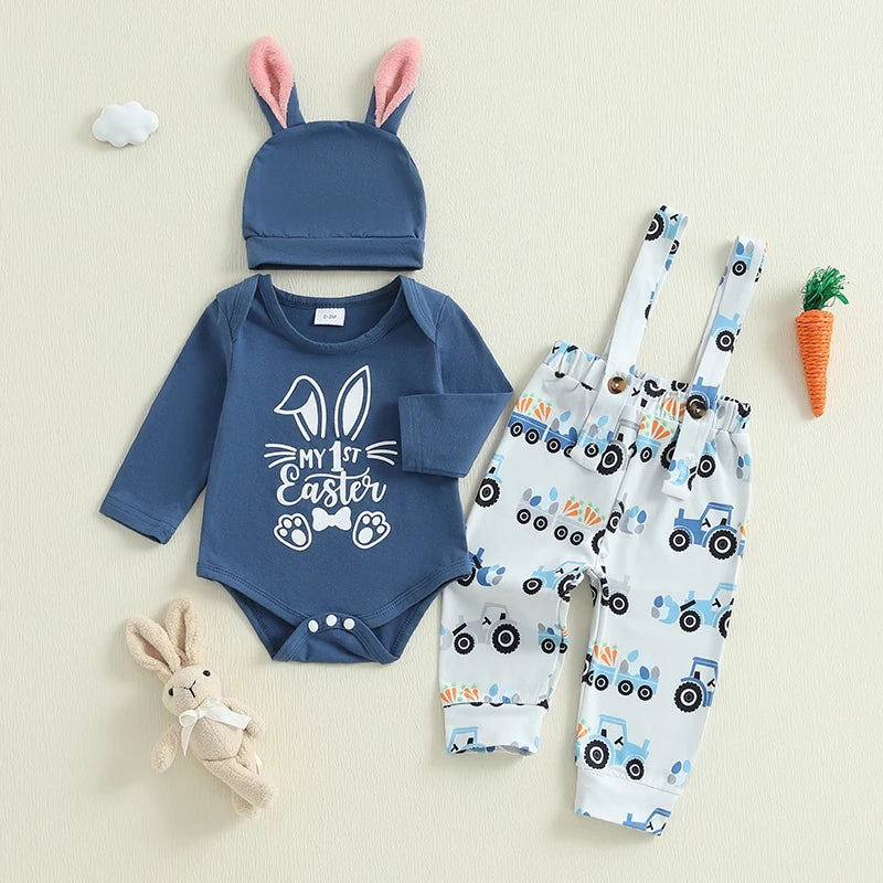 Boy's Easter Romper & Tractor Suspender Pants & Hat Set