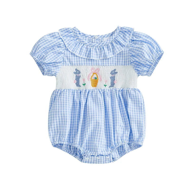 Girl's Embroidered Easter Bunny Ruffled Rompers