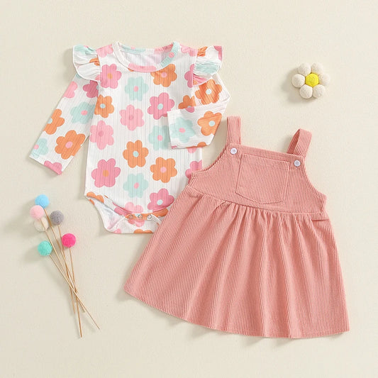 Girl's Floral & Strawberry Print Ruffled Onesie & Bib Overall Dress Sets