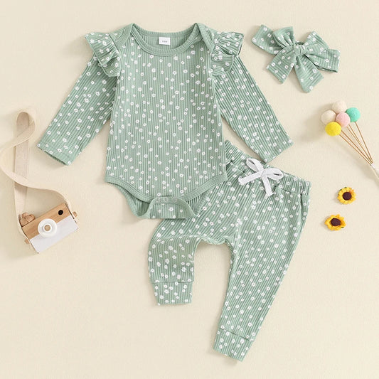 Girl's Floral Onesie, Pants & Bow Headband Sets