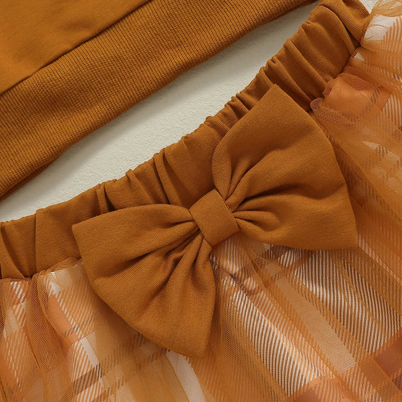 Girl's 2-Piece Embroidered "Little Turkey" Thanksgiving Sweatshirt & Plaid Tulle Skirt Sets