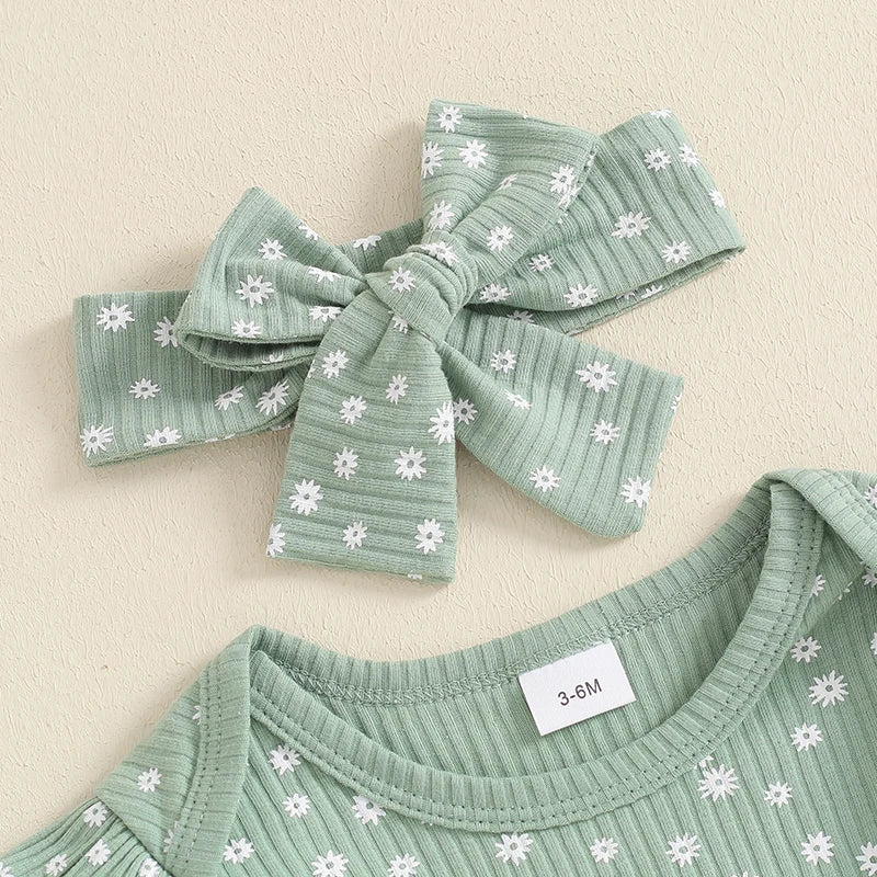Girl's Floral Onesie, Pants & Bow Headband Sets