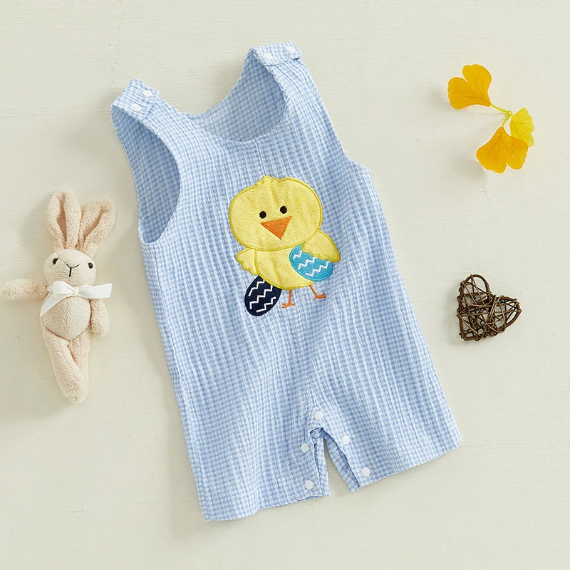 Boy's Easter Chick Egg Embroidered Plaid Sleeveless Overall Jumpsuits