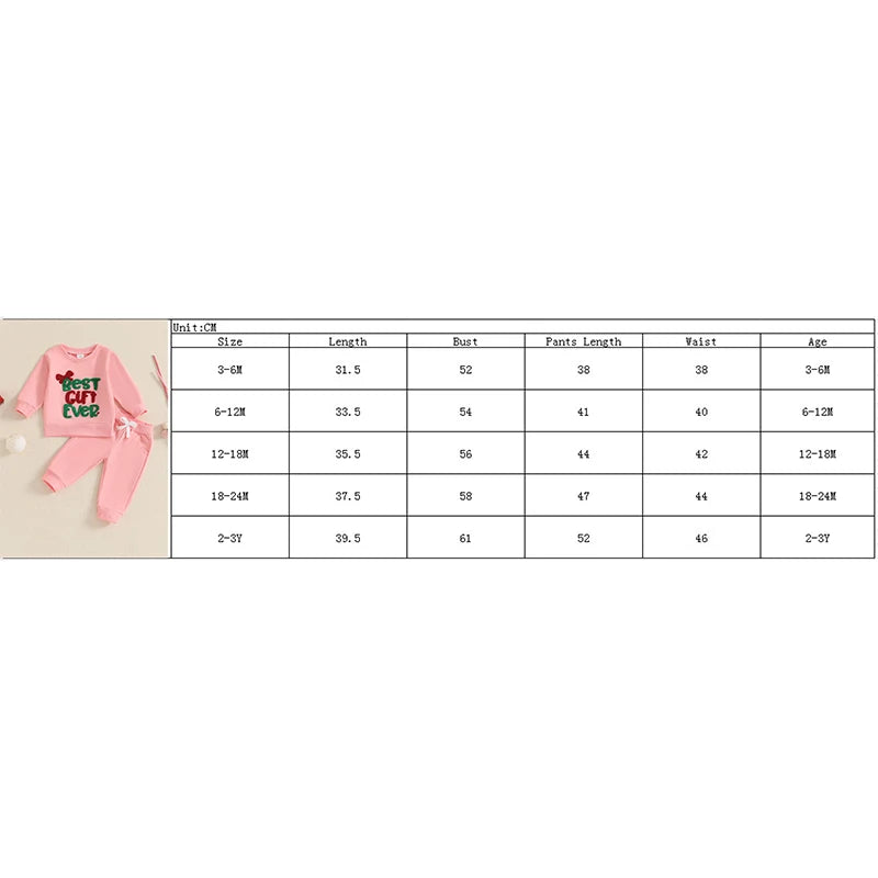 Girl's 2-Piece Christmas Embroidered "Best Gift Ever" Sweatshirt & Pants Sets