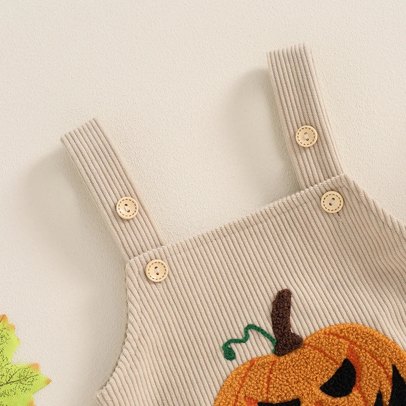 Girl's & Boy's Pumpkin Embroidered Corduroy Halloween Romper Overalls