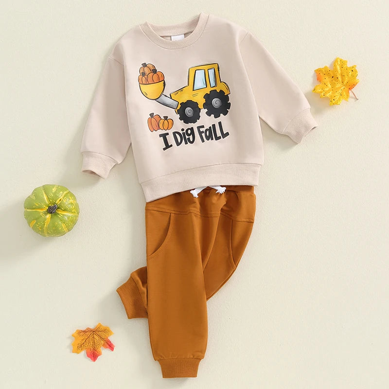 Boy's 2-Piece "I Dig Fall" Pumpkin Excavator Sweatshirt & Sweatpants Sets