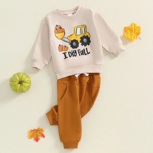 Boy's 2-Piece "I Dig Fall" Pumpkin Excavator Sweatshirt & Sweatpants Sets