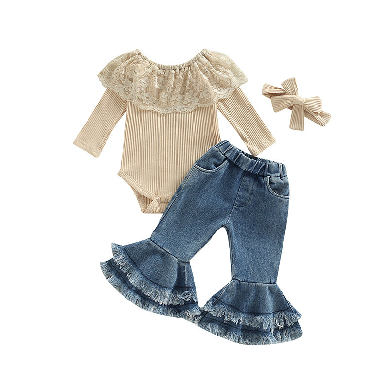 Girl's Ruffled Top, Denim Bell-Bottoms & Bow Headband Sets
