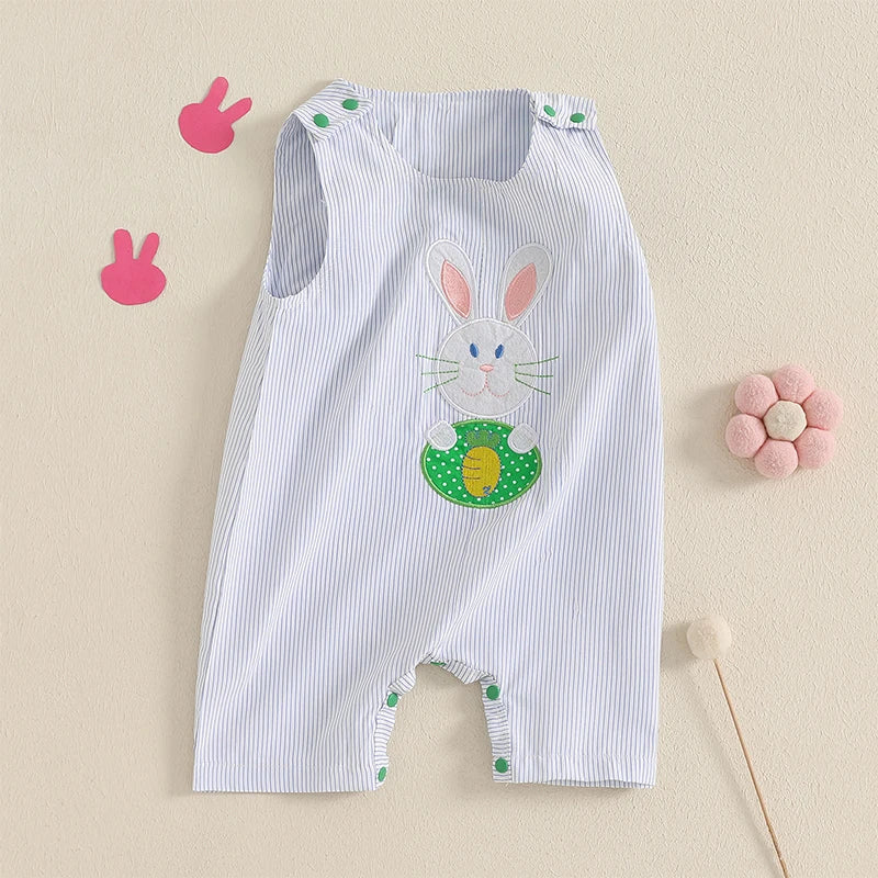Boy's Striped Easter Bunny Embroidered Sleeveless Jumpsuit