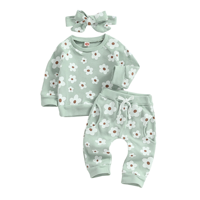 Girl’s 2-Piece Flower Sweatshirt, Pants& Bow Headband Sets