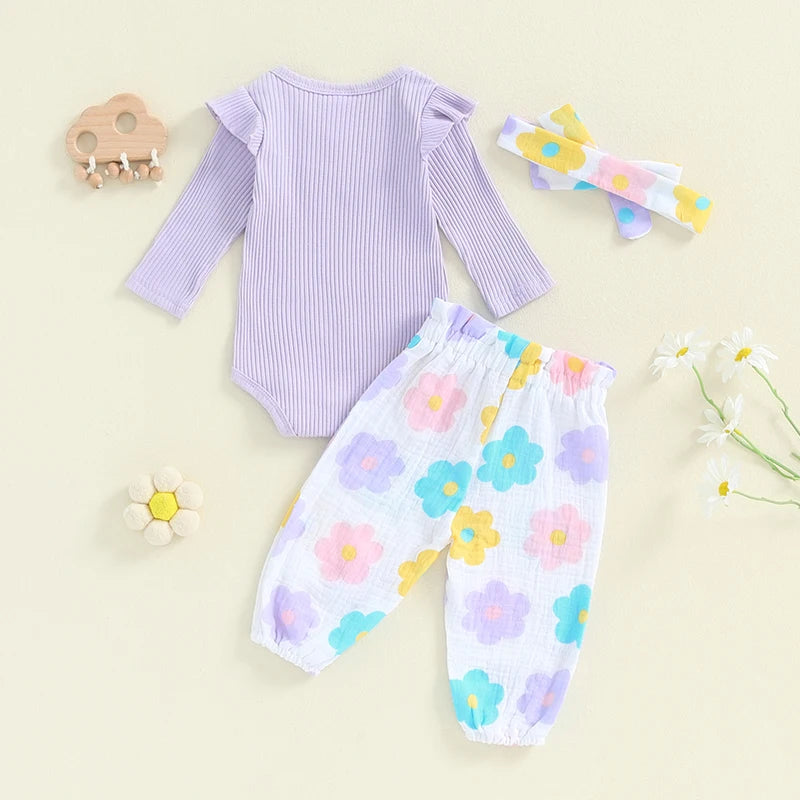 Girl's Floral or Strawberry Print Onesies, Pants & Bow Headband Sets