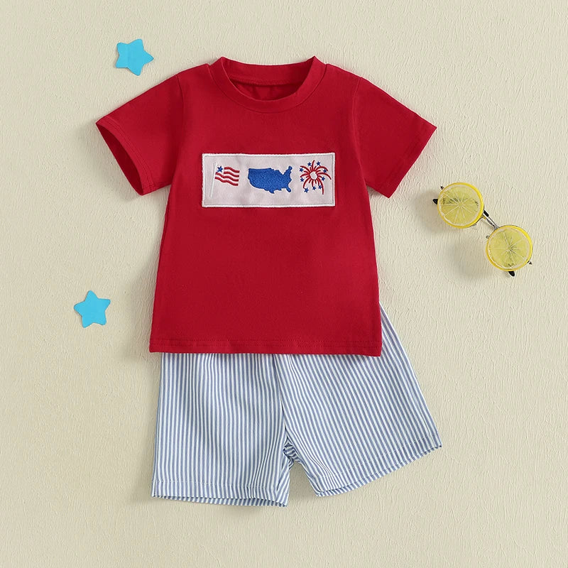 Boy's 2-Piece Embroidered 4th of July T-Shirts & Striped Shorts Sets