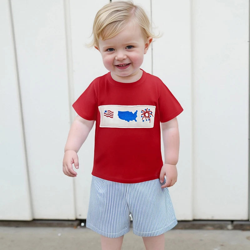 Boy's 2-Piece Embroidered 4th of July T-Shirts & Striped Shorts Sets