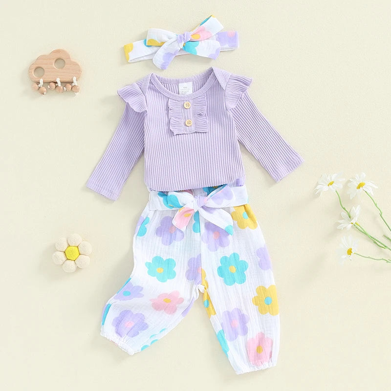 Girl's Floral or Strawberry Print Onesies, Pants & Bow Headband Sets