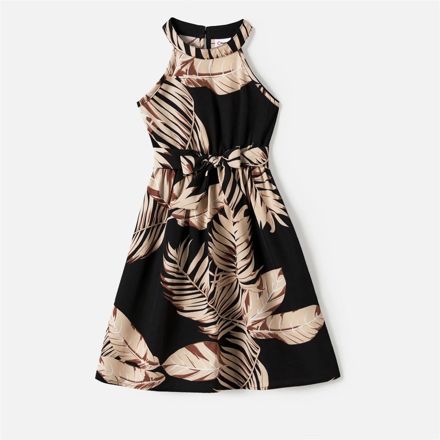 Family Matching! Solid Leaf Sleeveless Halter Dresses & Short Sleeve Tops