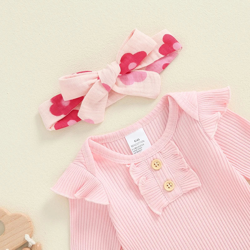Girl's Floral or Strawberry Print Onesies, Pants & Bow Headband Sets
