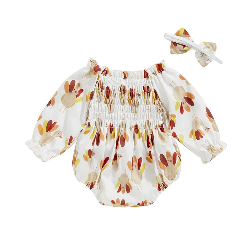 Thanksgiving ! Girl's Turkey Romper & Bow Headband Sets