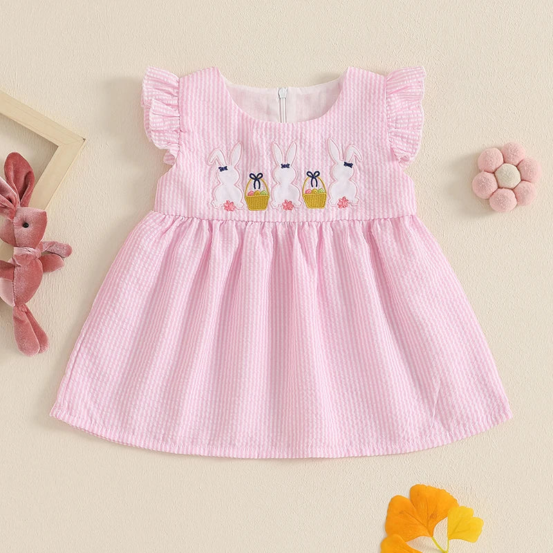 Girl's Dress Ruffle Sleeveless Round Neck Bunny Embroidered Loose Dress Vacation Dress
