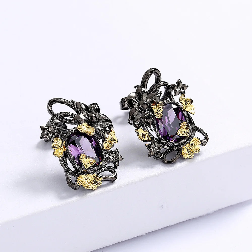 Amethyst Zircon Floral Black & Gold Style Earrings