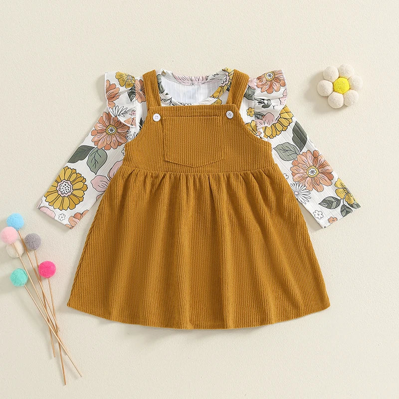 Girl's Floral & Strawberry Print Ruffled Onesie & Bib Overall Dress Sets