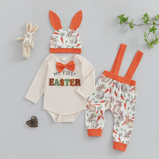 Boy's Embroidered "My First Easter" Bunny Bowtie Onesies, Suspender Pants & Hat Sets