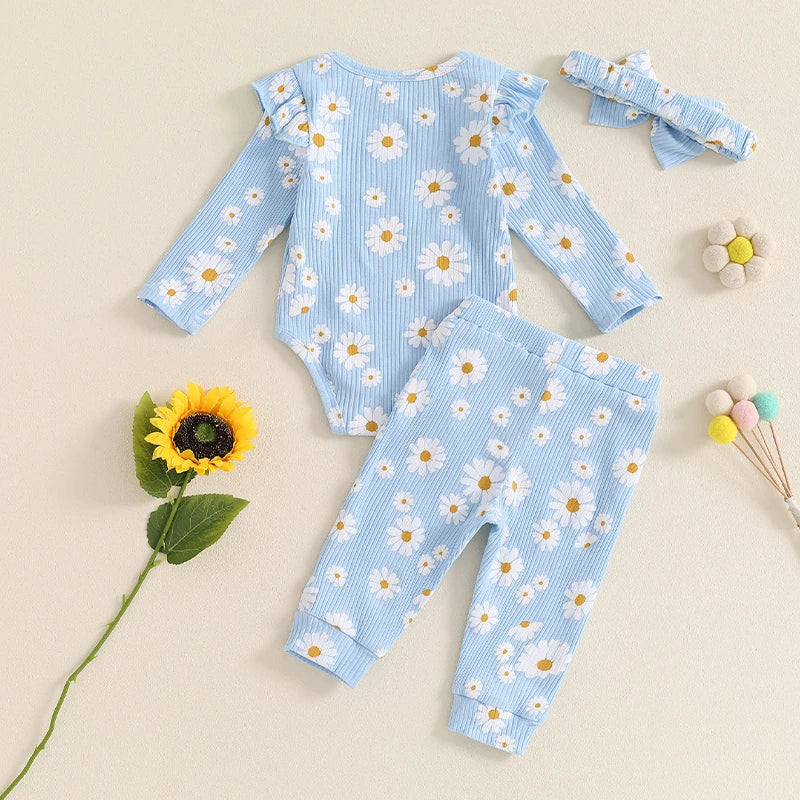 Girl's Floral Onesie, Pants & Bow Headband Sets