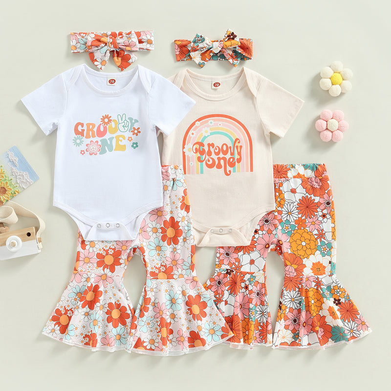 Girl's Floral "Groovie One" Onesie, Flared Pants & Bow Headband Sets