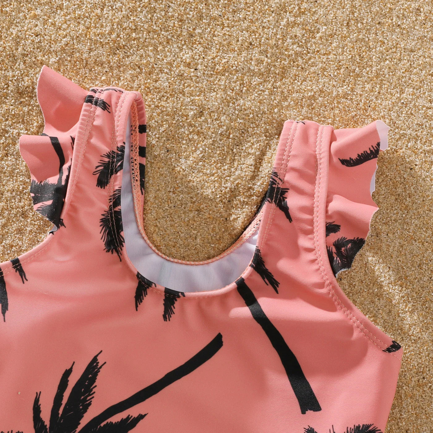 Family Matching! Swimsuit All Over Coconut Tree Print Pink Swim Trunks Shorts & Spaghetti Strap One-Piece Swimsuit