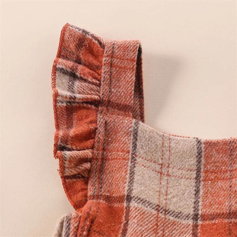 Girl's Plaid Ruffled Bib Overall Dresses