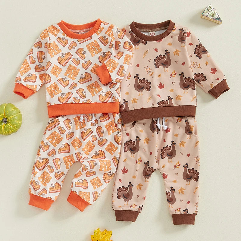 Boy's & Girl's 2-Piece Thanksgiving Turkey & Pumpkin Pie Sweatshirts & Sweatpants Sets