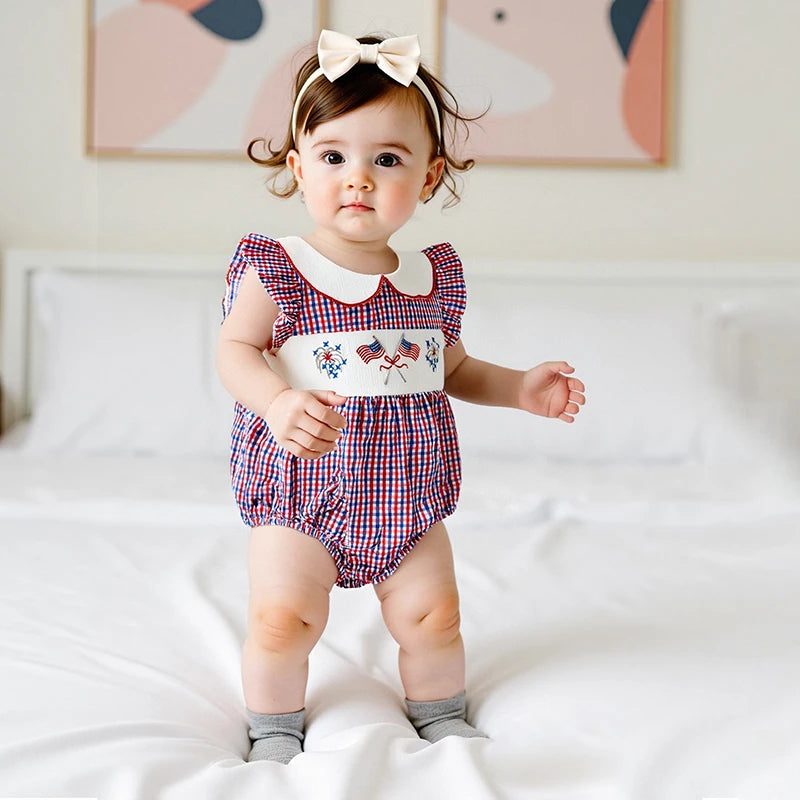 Girl's Embroidered 4th of July Plaid Doll Collar Rompers