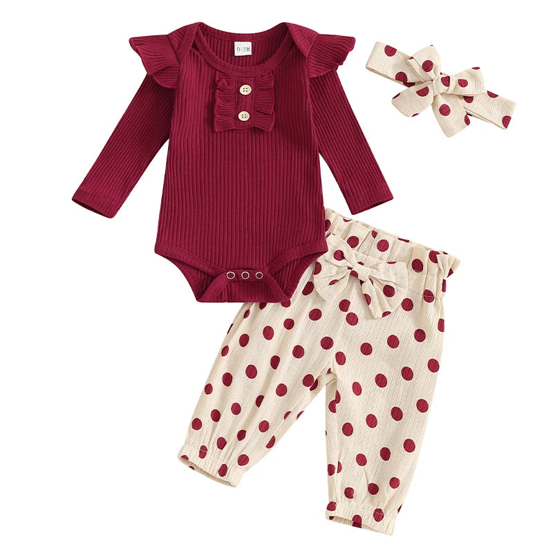 Girl's Onesie, Polka Dot Pants & Bow Headband Sets