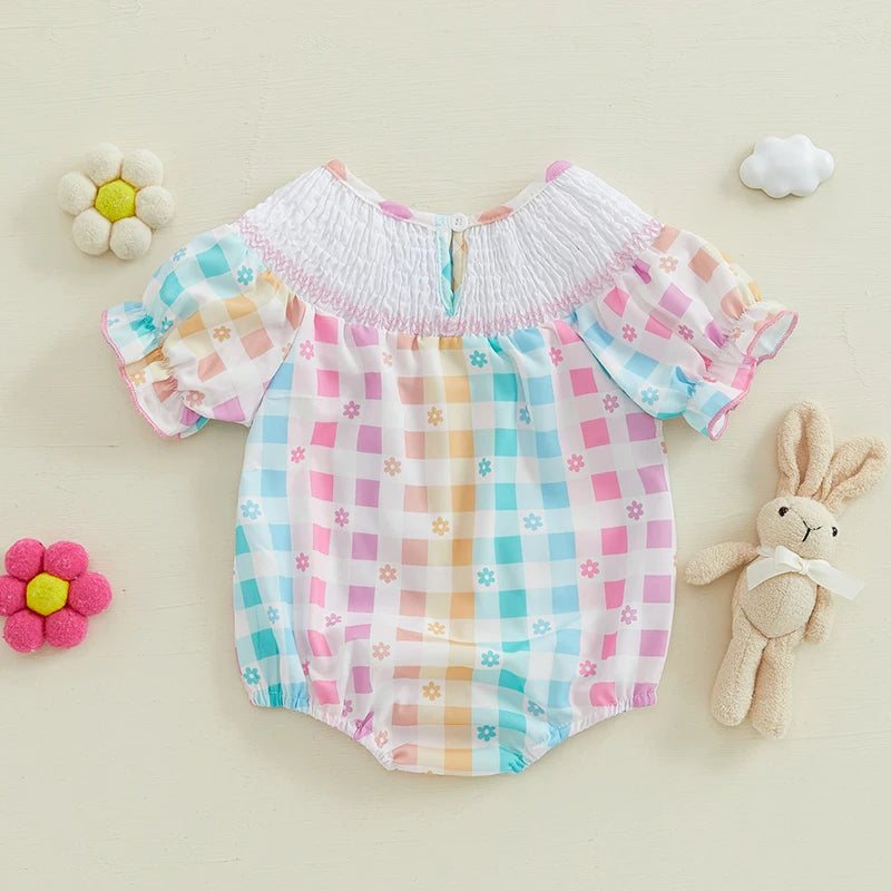 Girl's Smocked Floral Embroidered Easter Bunny Rompers