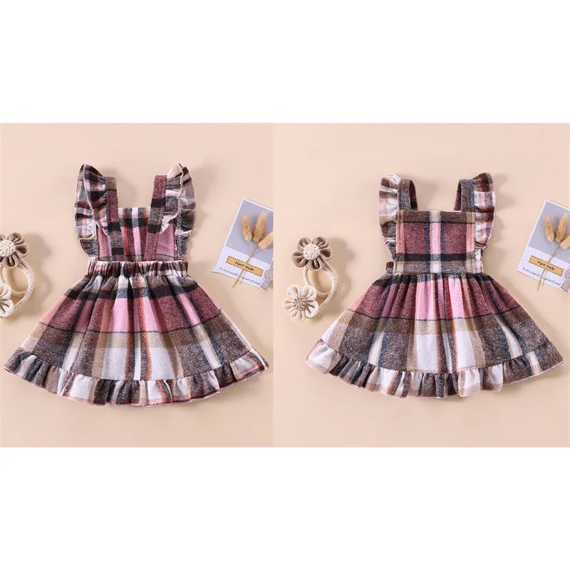 Girl's Plaid Ruffled Bib Overall Dresses