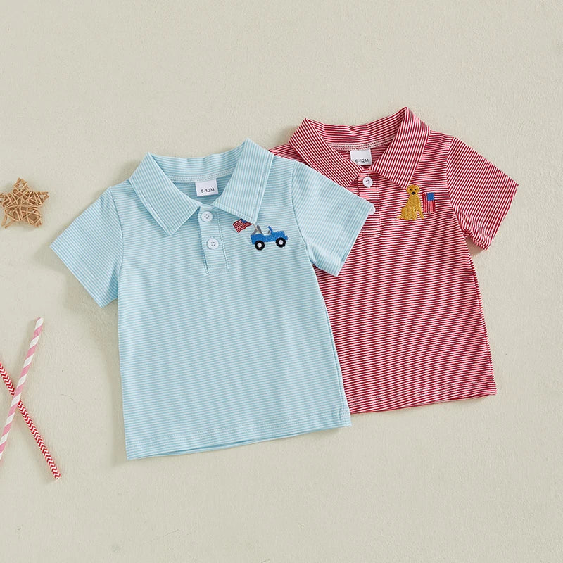 Boy's Embroidered 4th of July Golf Cart or Dog Flag Polo T-Shirts