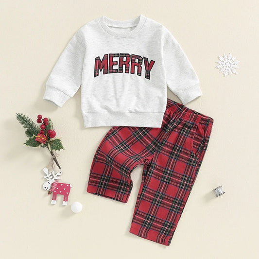 Boy's & Girl's "Merry" Christmas 2-Piece Sweatshirt & Plaid Pants Sets