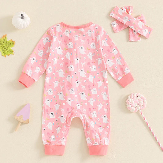 Girl's 2-Piece Long Sleeve Ghost Print Halloween Jumpsuit with Headband