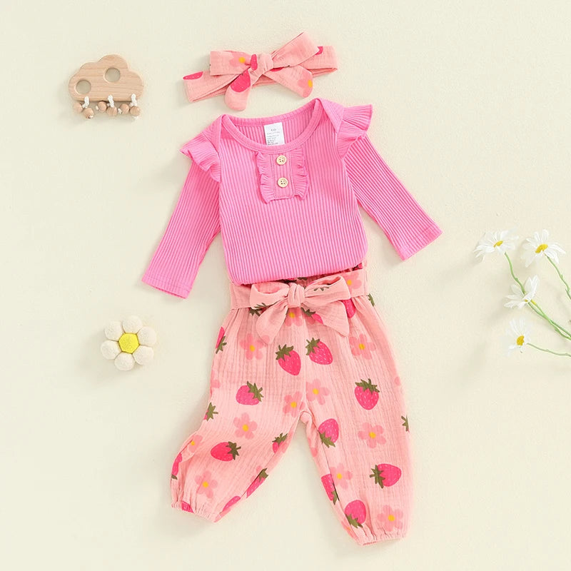 Girl's Floral or Strawberry Print Onesies, Pants & Bow Headband Sets