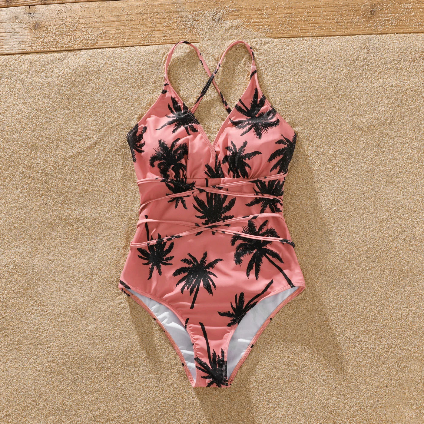 Family Matching! Swimsuit All Over Coconut Tree Print Pink Swim Trunks Shorts & Spaghetti Strap One-Piece Swimsuit