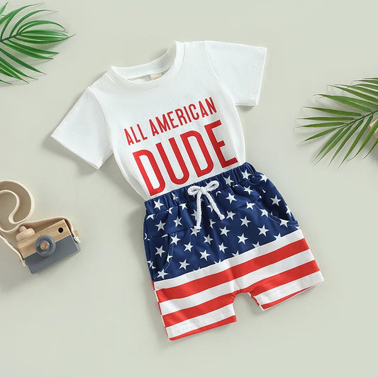 Boy's 2-Piece "All American Dude" 4th of July T-Shirts & Flag Shorts Sets