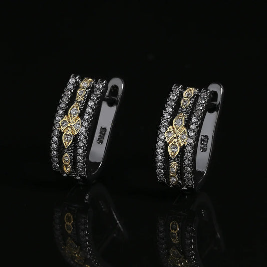 Classic Black & Gold Geometric Zircon Earrings