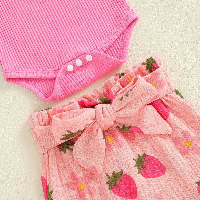 Girl's Floral or Strawberry Print Onesies, Pants & Bow Headband Sets